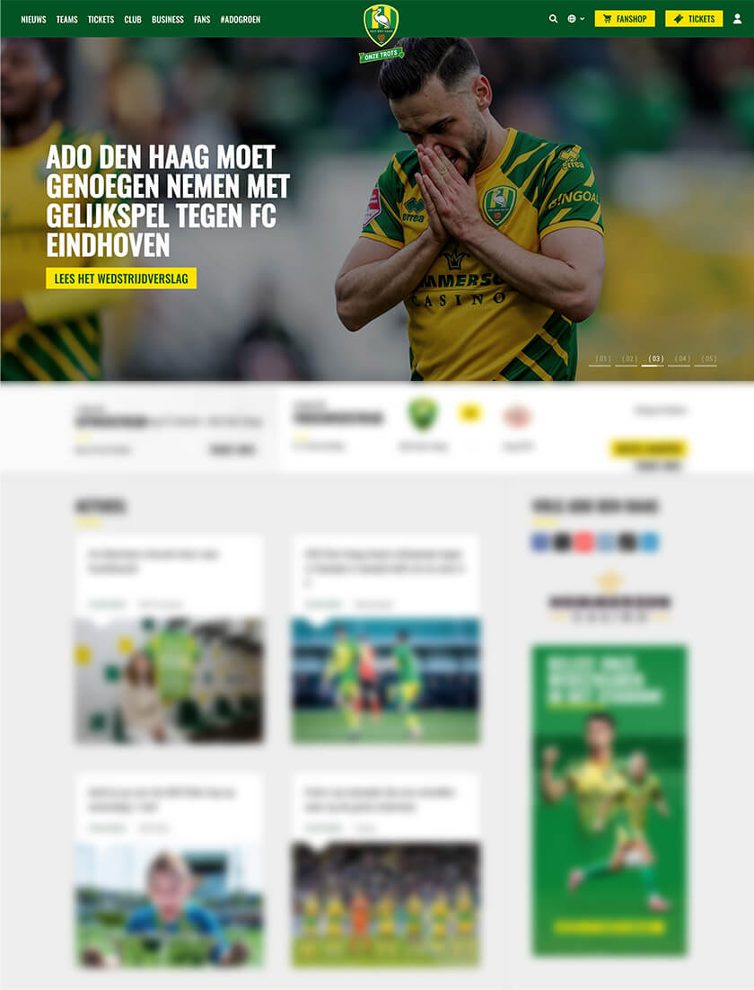 Screenshot van het resultaat van het nieuwe design van de website van Ado Den Haag. 