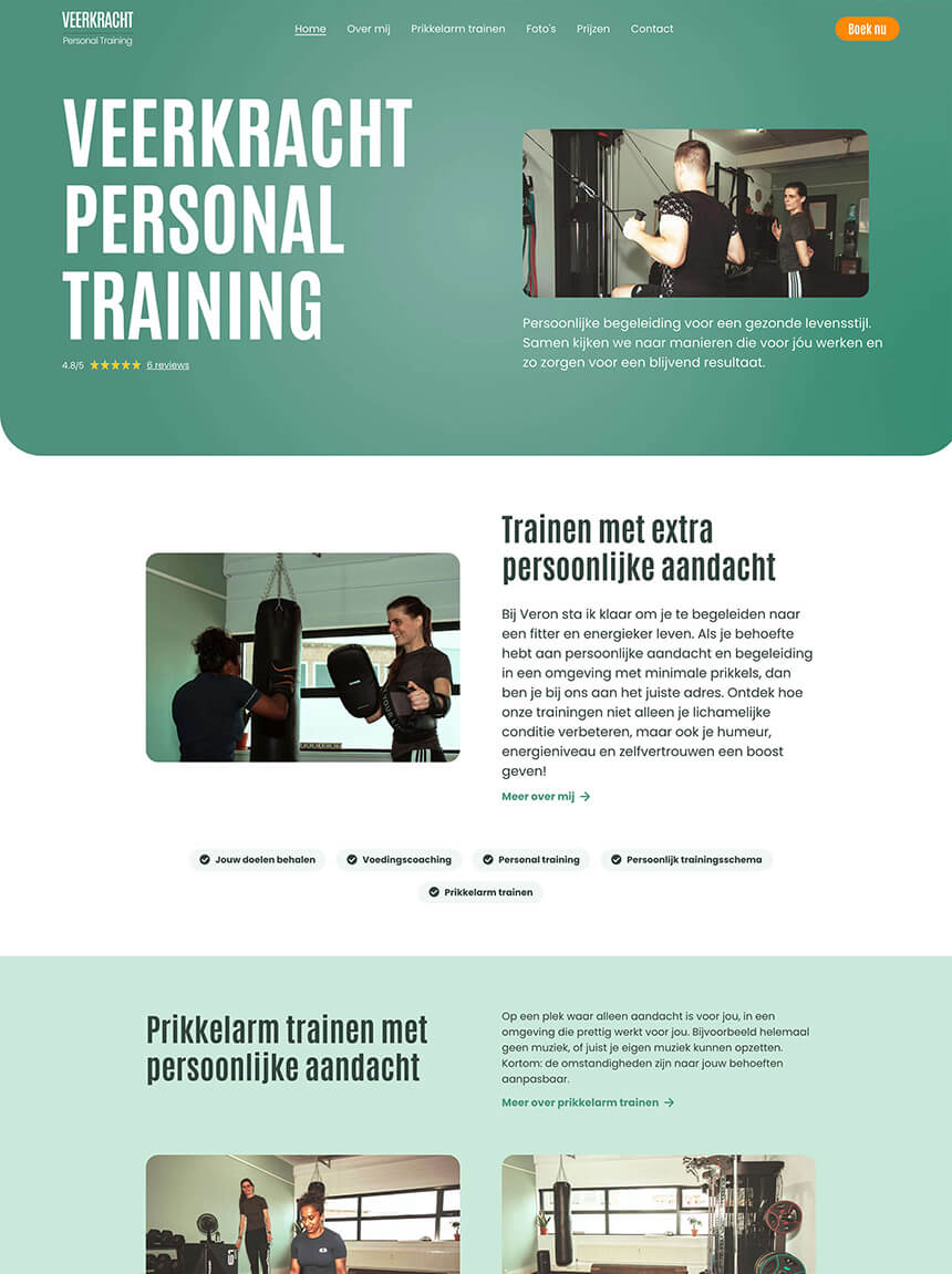 Screenshot van het resultaat van het nieuwe design van de website van veerkracht personal training.