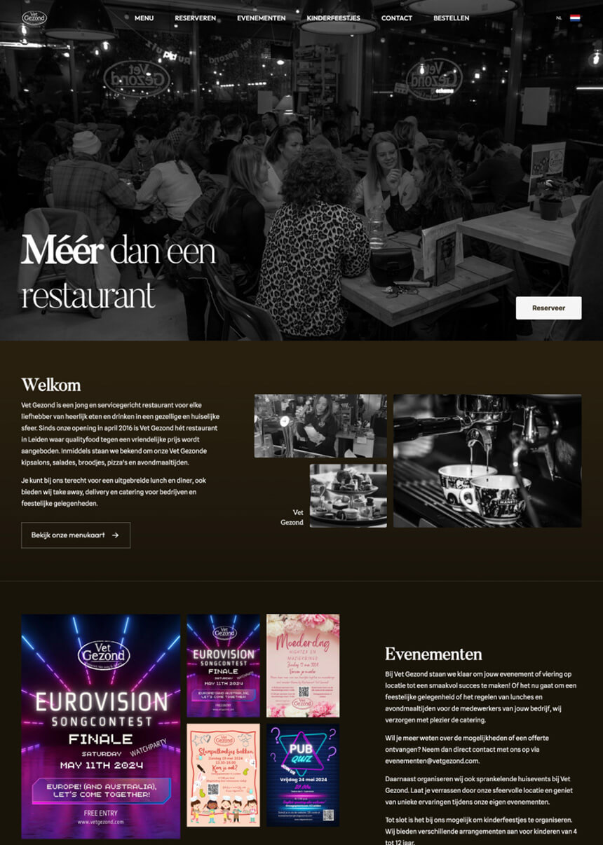 Screenshot van het resultaat van het nieuwe design van de website van restaurant Vet Gezond